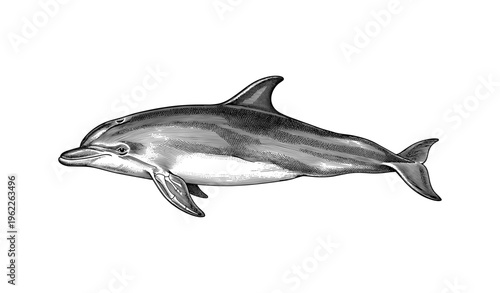 Engraved dolphin illustration - detailed marine animal artwork