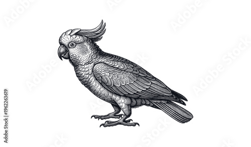 Detailed black and white illustration of cockatoo with intricate feather patterns