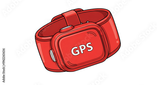 A red GPS smartwatch with a square face and wristband is shown in a vector graphic illustration.
