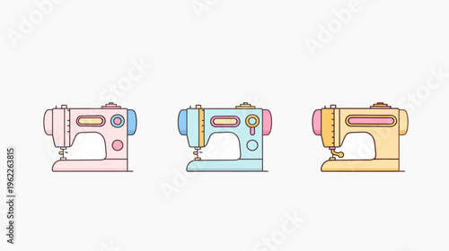 Three colorful sewing machines, illustrated in a cartoon style, on a white background