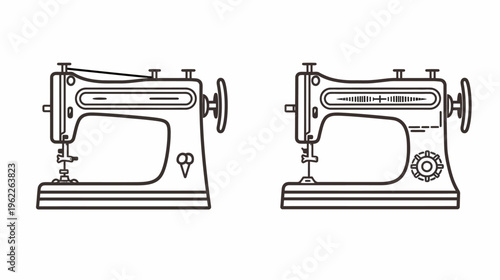 Two illustrated sewing machines side-by-side, outlined in black, showing details and variations