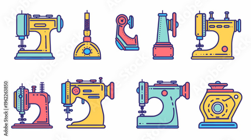 Collection of stylized illustrations showcasing various sewing machines in a colorful, flat design