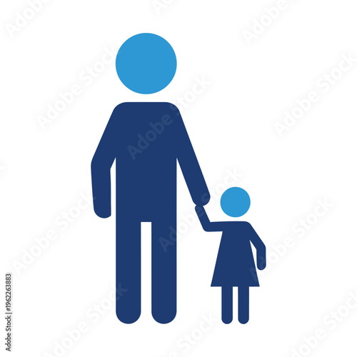 A large adult figure holds the hand of a smaller child figure, symbolizing guardianship or parental guidance in a simple graphic style.