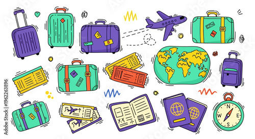 Travel and tourism essentials doodle set with luggage and tickets.