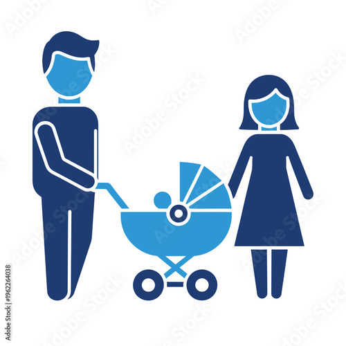 Stylized illustration depicts a mother and father standing next to a baby stroller carrying an infant for family care concepts.