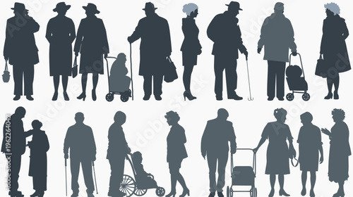 Silhouetted figures of various people, in different poses, some with assistance devices