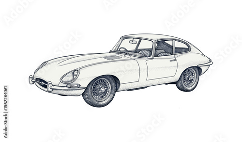 Classic vintage car sketch of iconic jaguar e-type with detailed features