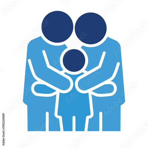 Abstract graphic design shows two large figures embracing a smaller central figure, symbolizing family protection and unity.