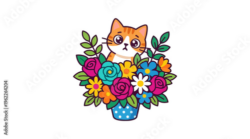 Cartoon Cat Hiding in Flowers Bouquet.