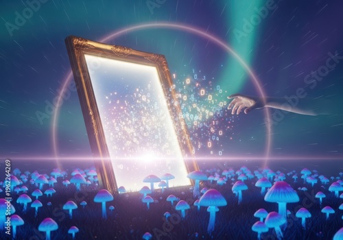 A glowing picture frame with a hand reaching out to digital data in a field of blue mushrooms