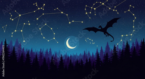 Dragon silhouette flying under starry night sky with crescent moon and constellations