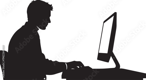 Black silhouette of man working on computer, office worker vector icon, business professional, desk job