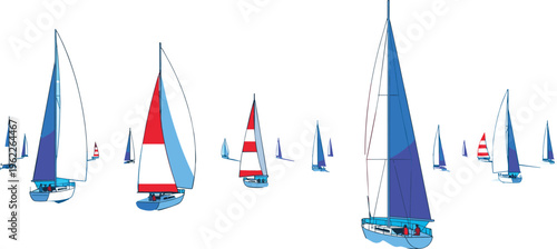 Sailboat regatta vector, colorful sails design, ocean sailing illustration, yacht race art, water sport icon, maritime activity flat vector
