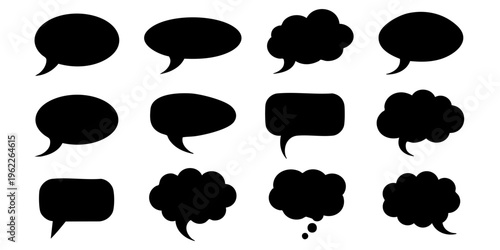A collection of various black speech bubbles and thought clouds on a white background for communication illustration.