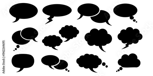 A collection of various black speech bubbles and thought clouds arranged on a plain white background for dialogue illustration purposes.