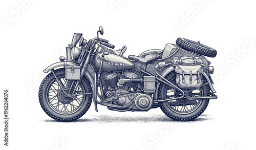 Vintage u.s. army motorcycle with saddlebags and spare tire