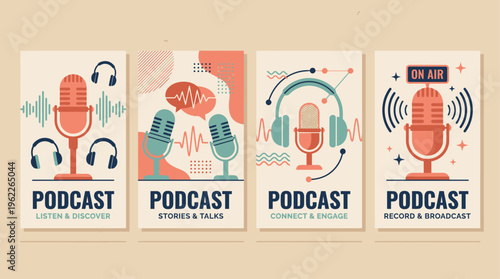 Minimalist Podcast Vector Set with Retro Microphones and Headphones Design