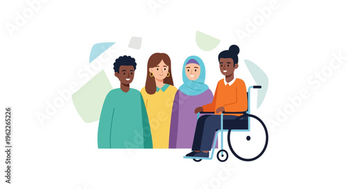 Diverse and Inclusive Group Illustration: Multicultural Community with Disabled Person and Various Ethnicities