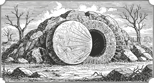 Empty Tomb Rolled Open with Rays of Light Emanating from Within Dramatic Landscape Engraved Style