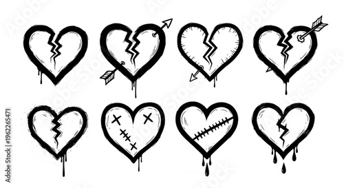 Urban Graffiti Broken Heart Icons Vector Illustration Sheet in Black Ink Grunge Punk Street Art Style
