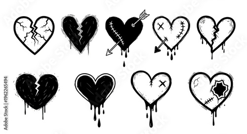 Urban Graffiti Broken Heart Icons Vector Illustration Sheet in Black Ink Grunge Punk Street Art Style