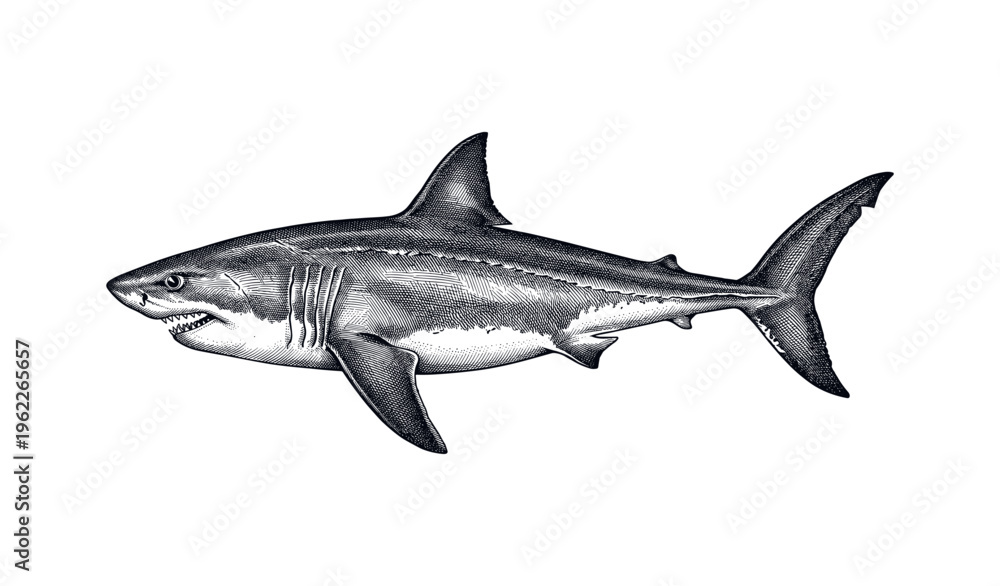Fototapeta premium Detailed black and white illustration of a great white shark