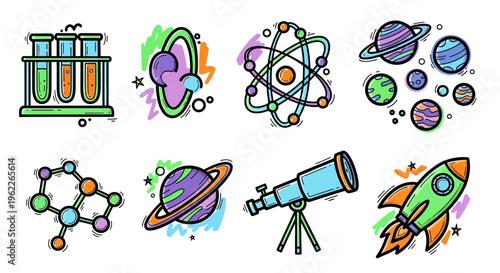 Vibrant Science and Space Exploration Icons Set.