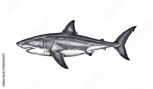 Detailed black and white illustration of a great white shark