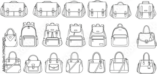 bag collection outline set, backpacks handbags satchels, fashion accessories design, line art illustration, modern styles, vector templates, multiple bag types