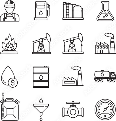 Oil, gas, petroleum, energy, drilling line icons