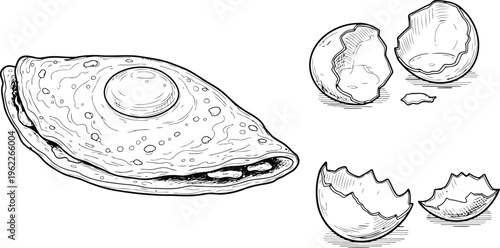 Hand-Drawn Crepe with Egg and Cracked Shells Breakfast Preparation Isolated on White Sketch Style