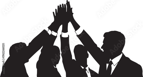 Business team, partnership, high five, silhouette icons, black, vector graphics