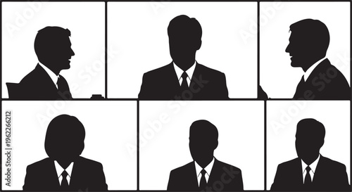 Businessman silhouettes, suit icons, black profiles, office workers, vector portraits