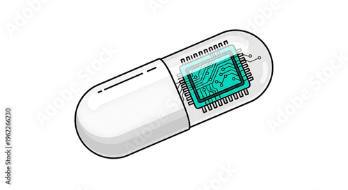 A vector graphic illustration of a futuristic smart pill with a microchip inside