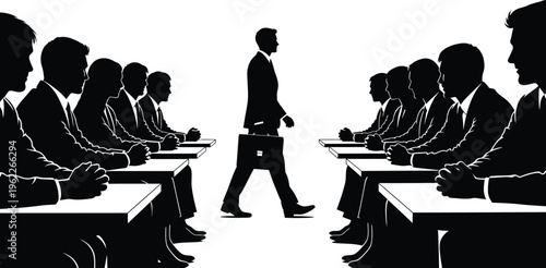 Businessman walking through a crowded classroom or conference room