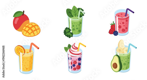 Healthy assorted fruit smoothies collection with fresh ingredients, drinks and healthy lifestyle
