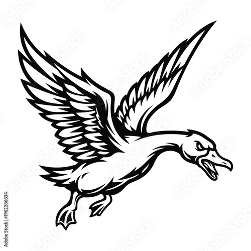 A dynamic black and white vector illustration of a goose in mid-flight with outstretched wings and open beak on a clean white background