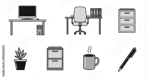 Office workplace equipment illustration in a flat design style for business concepts
