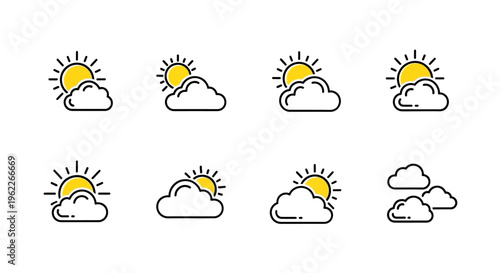 Weather icons depicting sunny and cloudy conditions on a pristine white background