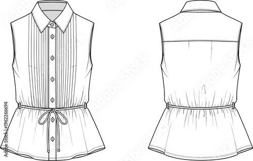 Technical CAD drawing fashion flat of a women's halter neck mini dress with gathered draped bodice and layered wrap skirt