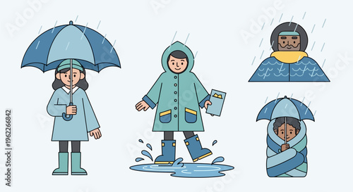 Children enjoying rainy weather with umbrellas and raincoats.