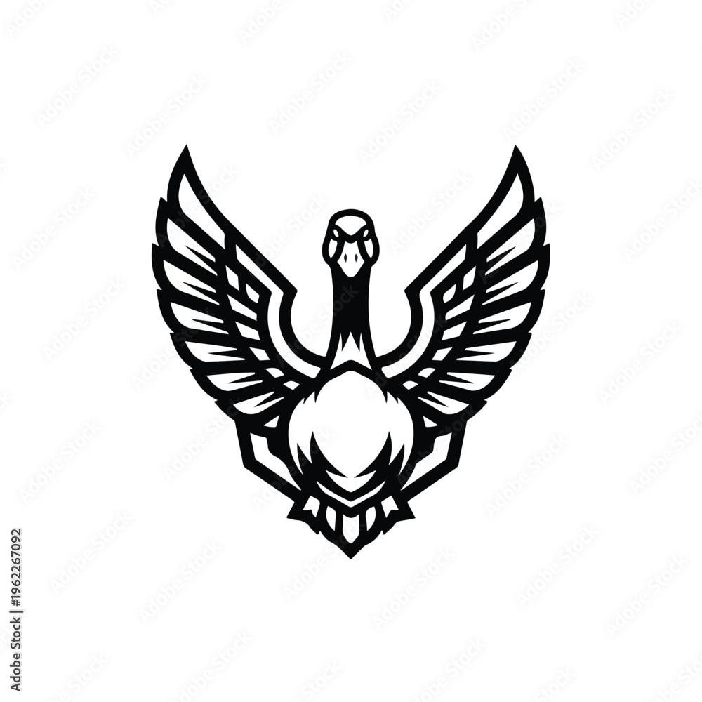 Fototapeta premium A stylized black and white vector illustration of an esport logo featuring a goose with outstretched wings and a gaming-inspired design on a clean white background