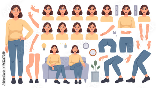 Cartoon woman character depicted in various poses and facial expressions with separated body parts around her