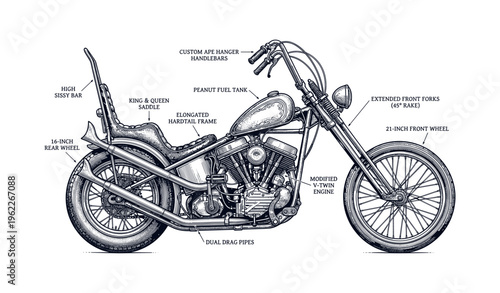 Customized vintage motorcycle blueprint with detailed specifications
