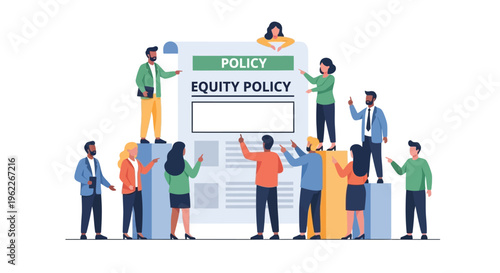 Diverse Business Team Reviewing Equity Policy Document. Corporate Governance, Fairness, and Inclusion Strategy Discussion.