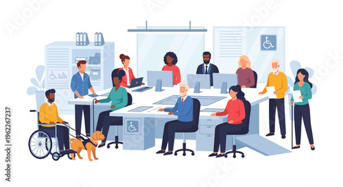 Diverse and Inclusive Workplace Collaboration. Professional Team with Varying Ages, Abilities, and Backgrounds in an Accessible Office Environment.