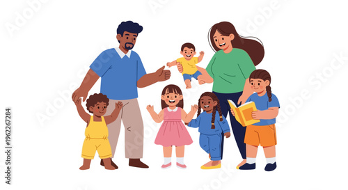 Diverse Happy Family Group Illustration: Joyful Parents and Multiracial Children Together
