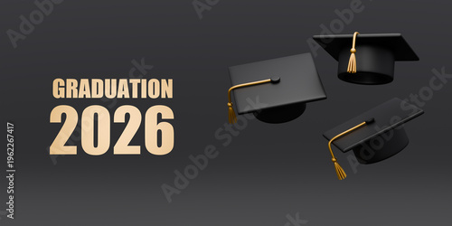 3d illustration of word graduation with graduate cap on dark background. Graduates 2026 class of graduations. 3d render of greeting, banner, invitation card.