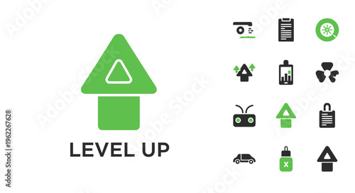 Conceptual graphic featuring level up arrow symbol with additional related design elements