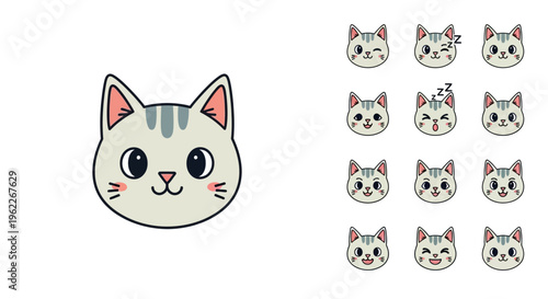 Charming Cat Character Displaying Various Emotions in a Cute Cartoon Illustration Style
